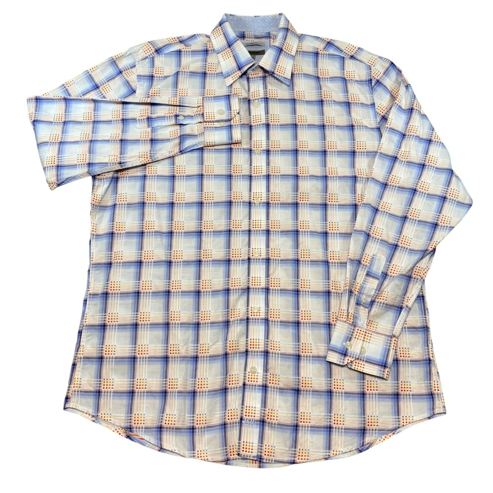 Johnston & Murphy Mens Tailored Fit Plaid Button Down Shirt Blue Orange Large